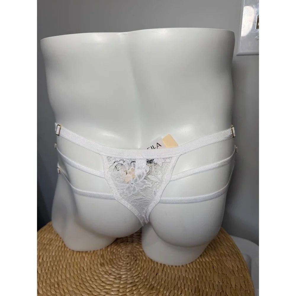 Cosabella White‎ Strappy Italian Lace Thong Men's Floral Lace Gold Hardware S